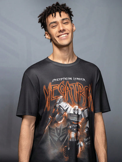 Transformers X SHEIN Camiseta de manga corta casual de verano para hombres con estampado de letra y robot