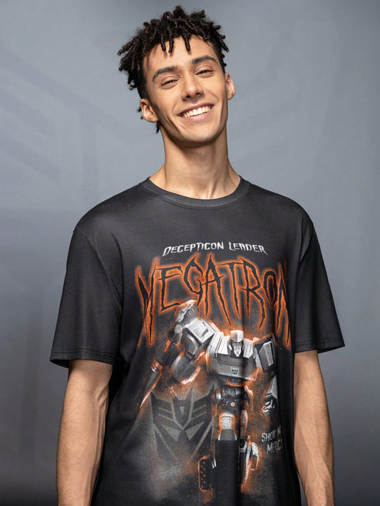 Transformers X SHEIN Camiseta de manga corta casual de verano para hombres con estampado de letra y robot