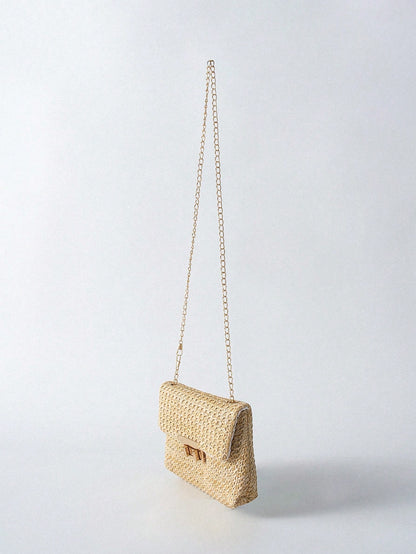 Tropiscape Bolso cruzado de unicolor dorado tejido a la moda, adecuado para el uso diario de las mujeres, que combina perfectamente con los atuendos de vacaciones. Vibraciones de vacaciones, relajación de vacaciones, pla