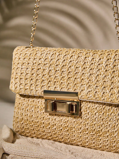 Tropiscape Bolso cruzado de unicolor dorado tejido a la moda, adecuado para el uso diario de las mujeres, que combina perfectamente con los atuendos de vacaciones. Vibraciones de vacaciones, relajación de vacaciones, pla