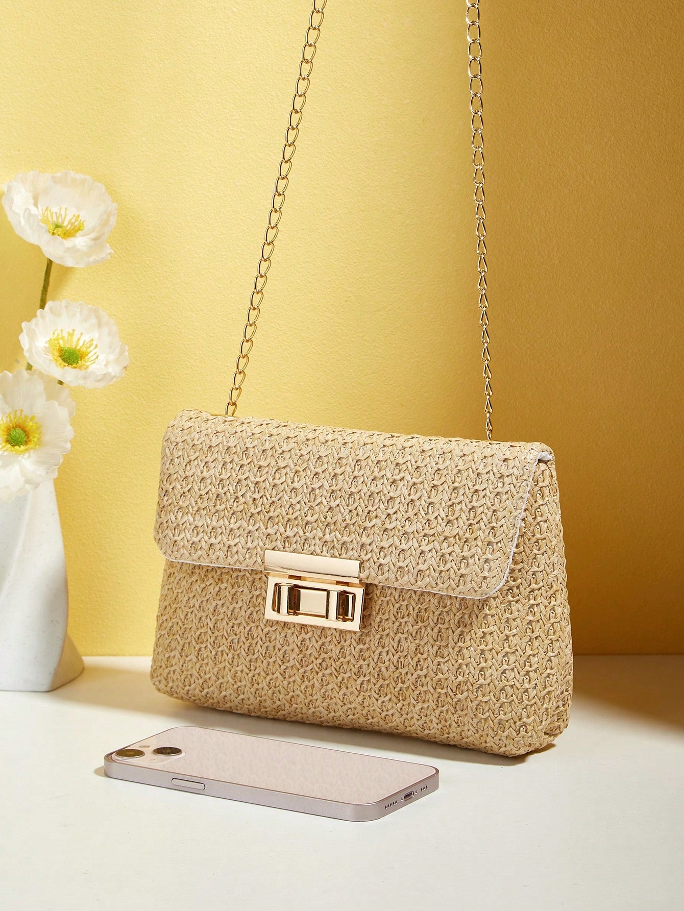 Tropiscape Bolso cruzado de unicolor dorado tejido a la moda, adecuado para el uso diario de las mujeres, que combina perfectamente con los atuendos de vacaciones. Vibraciones de vacaciones, relajación de vacaciones, pla