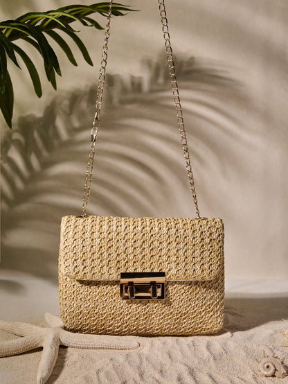 Tropiscape Bolso cruzado de unicolor dorado tejido a la moda, adecuado para el uso diario de las mujeres, que combina perfectamente con los atuendos de vacaciones. Vibraciones de vacaciones, relajación de vacaciones, pla