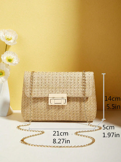 Tropiscape Bolso cruzado de unicolor dorado tejido a la moda, adecuado para el uso diario de las mujeres, que combina perfectamente con los atuendos de vacaciones. Vibraciones de vacaciones, relajación de vacaciones, pla