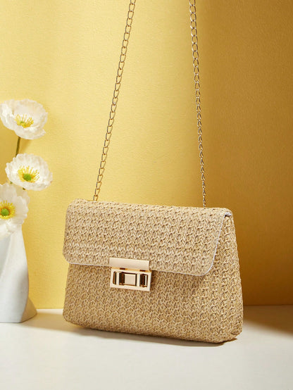 Tropiscape Bolso cruzado de unicolor dorado tejido a la moda, adecuado para el uso diario de las mujeres, que combina perfectamente con los atuendos de vacaciones. Vibraciones de vacaciones, relajación de vacaciones, pla