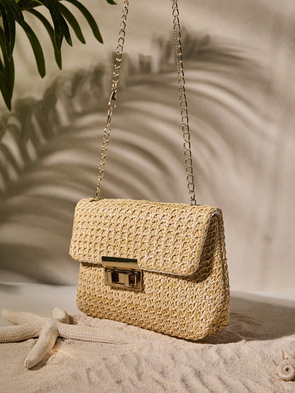 Tropiscape Bolso cruzado de unicolor dorado tejido a la moda, adecuado para el uso diario de las mujeres, que combina perfectamente con los atuendos de vacaciones. Vibraciones de vacaciones, relajación de vacaciones, pla