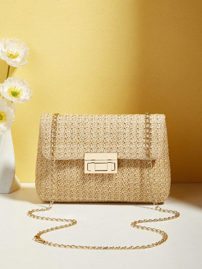 Tropiscape Bolso cruzado de unicolor dorado tejido a la moda, adecuado para el uso diario de las mujeres, que combina perfectamente con los atuendos de vacaciones. Vibraciones de vacaciones, relajación de vacaciones, pla