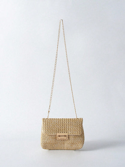 Tropiscape Bolso cruzado de unicolor dorado tejido a la moda, adecuado para el uso diario de las mujeres, que combina perfectamente con los atuendos de vacaciones. Vibraciones de vacaciones, relajación de vacaciones, pla