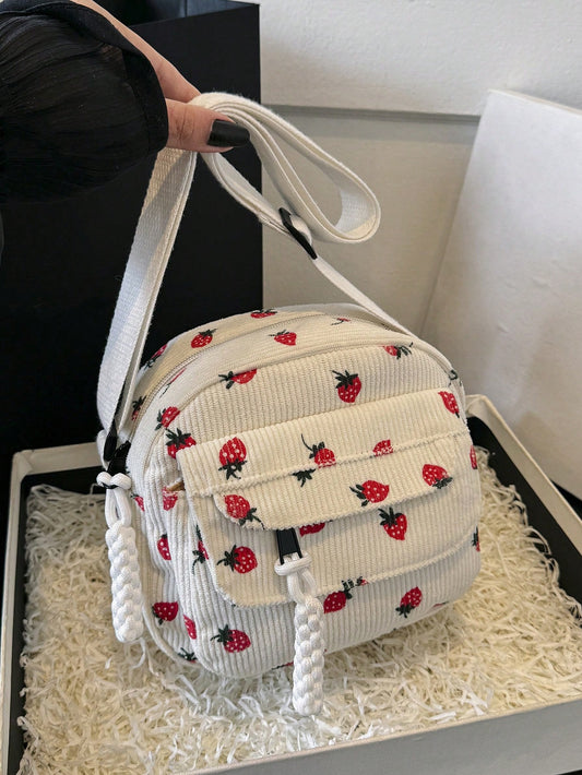 Una bolsa cuadrada con estampado de fresa, minimalista y elegante, con bolsillo exterior tridimensional, correa para el hombro ajustable y apta para uso casual y estudiantil.
