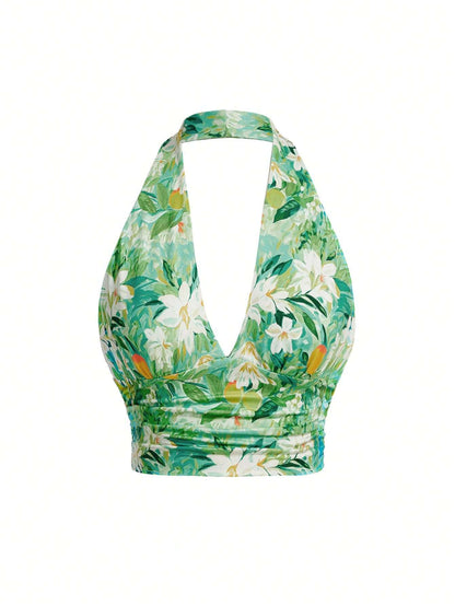 VRSO Top corto halterneck de corte ajustado para mujer con estampado floral para vacaciones