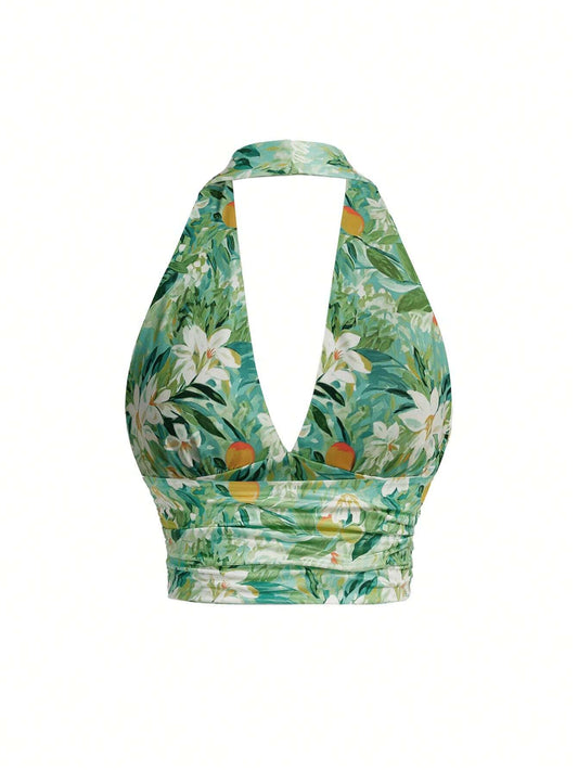 VRSO Top corto halterneck de corte ajustado para mujer con estampado floral para vacaciones