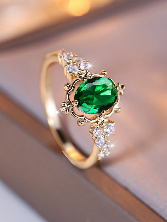 Vanel 1 Pieza Anillo De Estilo Vintage Lujoso Con Borde Ovalado Y Decorado Con Piedra Cz Adecuado Para Fiestas Y Banquetes De Mujeres