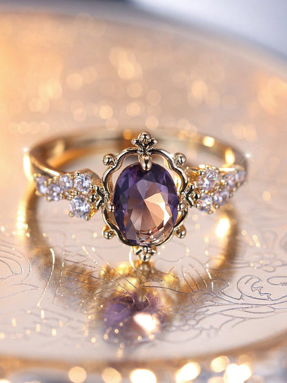 Vanel 1 Pieza Anillo Ornamentado De Estilo Elegante Y Antiguo, Con Borde Ovalado Y Decoraciones De Circonia Cúbica, Adecuado Para Fiestas Y Banquetes De Mujeres