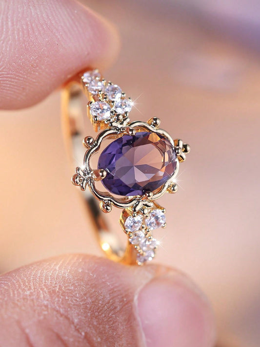 Vanel 1 Pieza Anillo Ornamentado De Estilo Elegante Y Antiguo, Con Borde Ovalado Y Decoraciones De Circonia Cúbica, Adecuado Para Fiestas Y Banquetes De Mujeres
