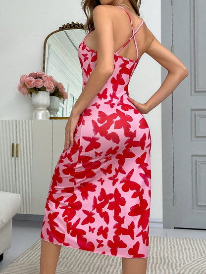 Vestido casual de noche con tirantes de espagueti, estampado de mariposa y pliegues para mujer