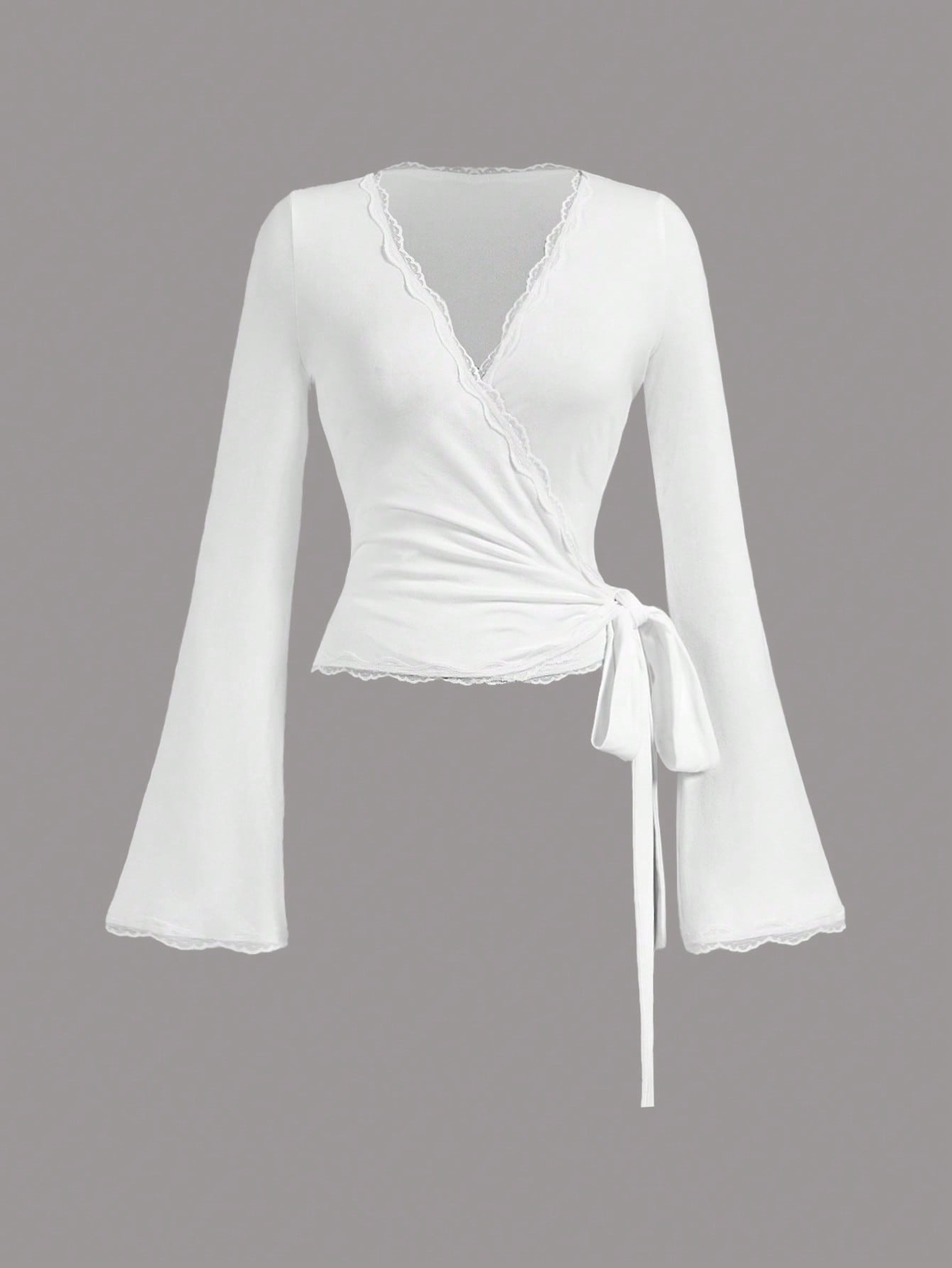 Camiseta de mujer de ajuste ceñido con parches de encaje de unicolor Amore, blusa elegante de mujer con cuello en V profundo y volantes, top deportivo de yoga y ballet con lazo, adecuado para salidas