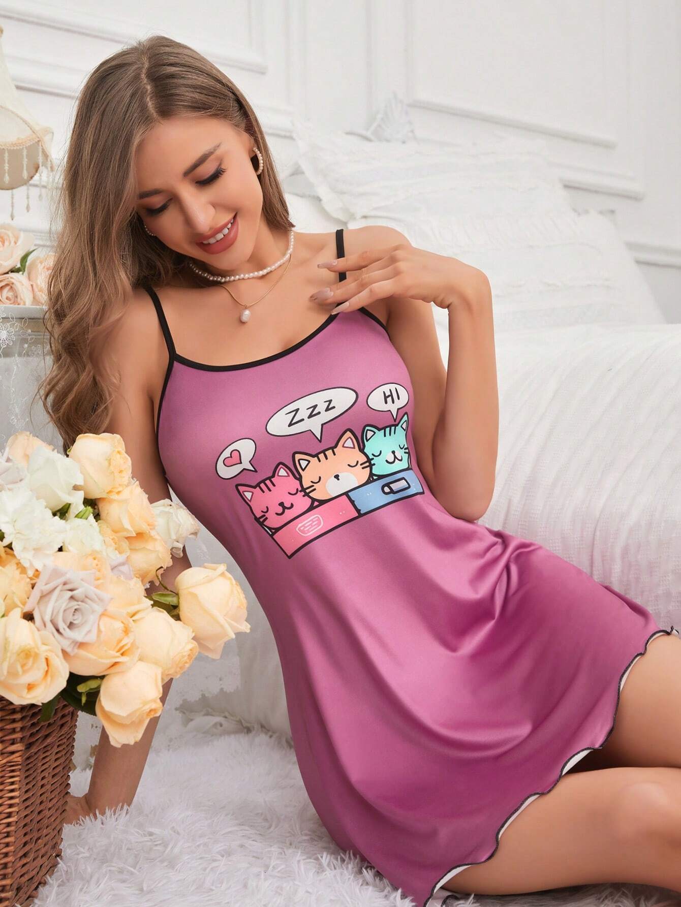 Vestido de pijama con tirantes finos y estampado de dibujos animados para mujer
