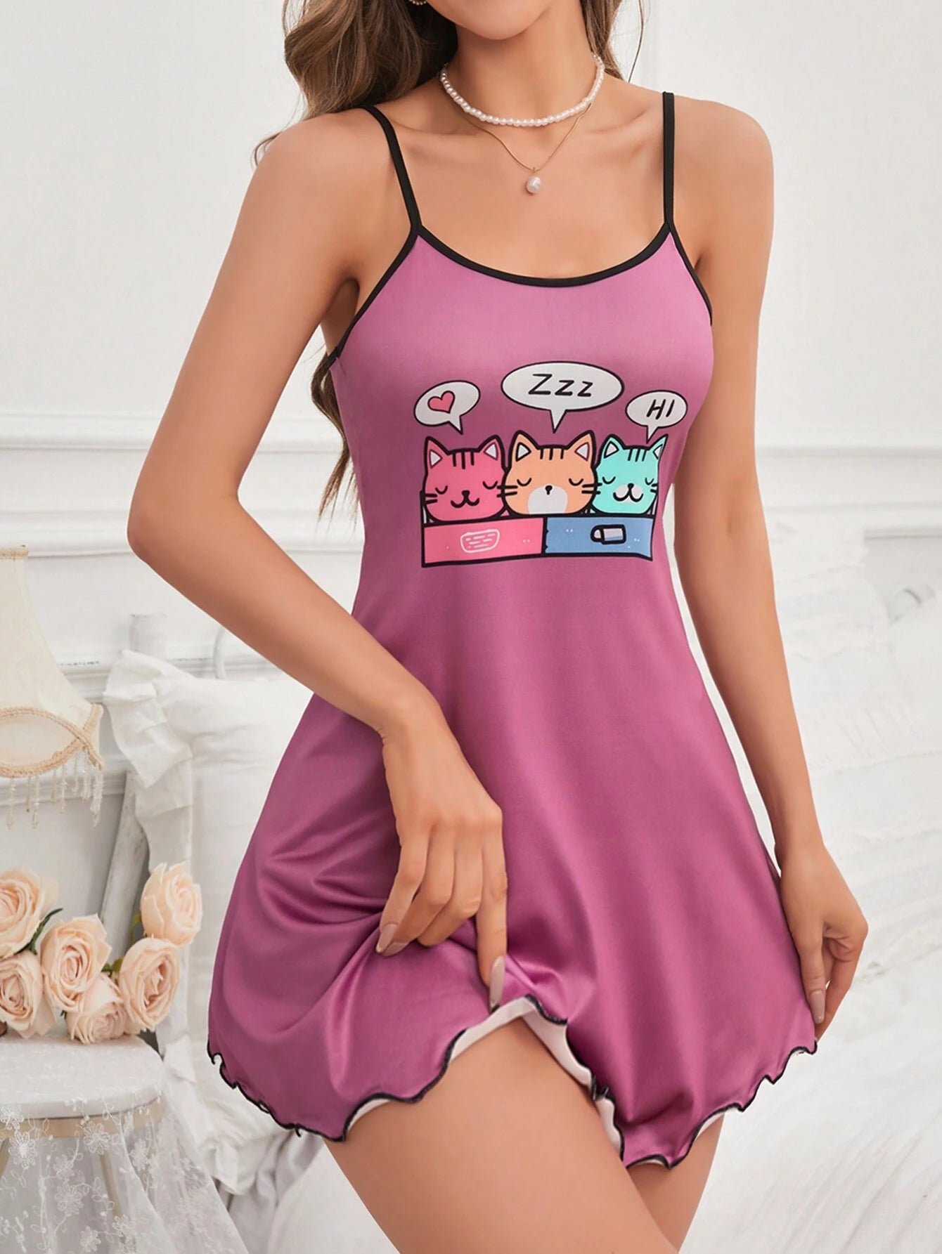 Vestido de pijama con tirantes finos y estampado de dibujos animados para mujer