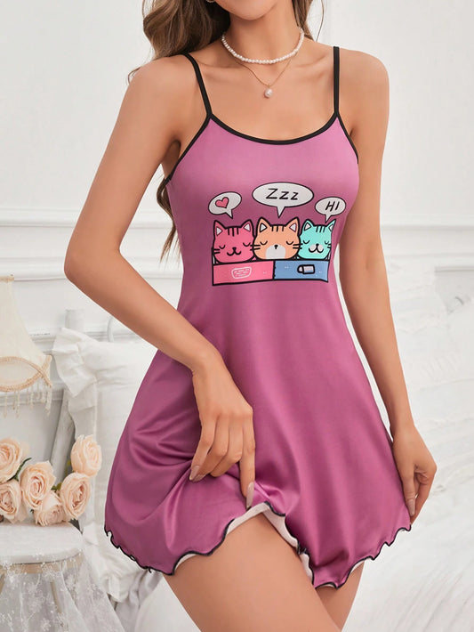 Vestido de pijama con tirantes finos y estampado de dibujos animados para mujer