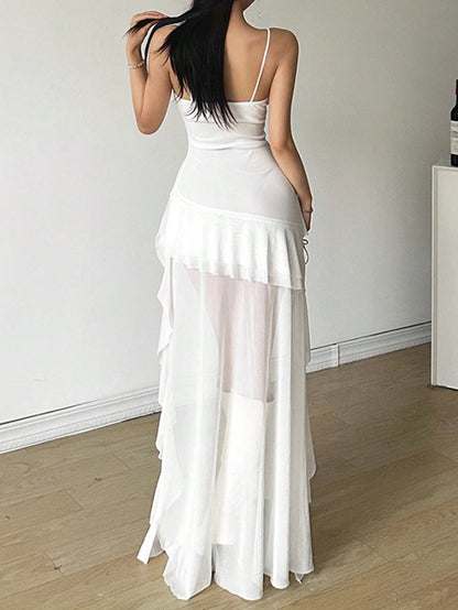 Vestido de tirantes ajustado de cintura alta de unicolor y deslumbrante con hombros descubiertos