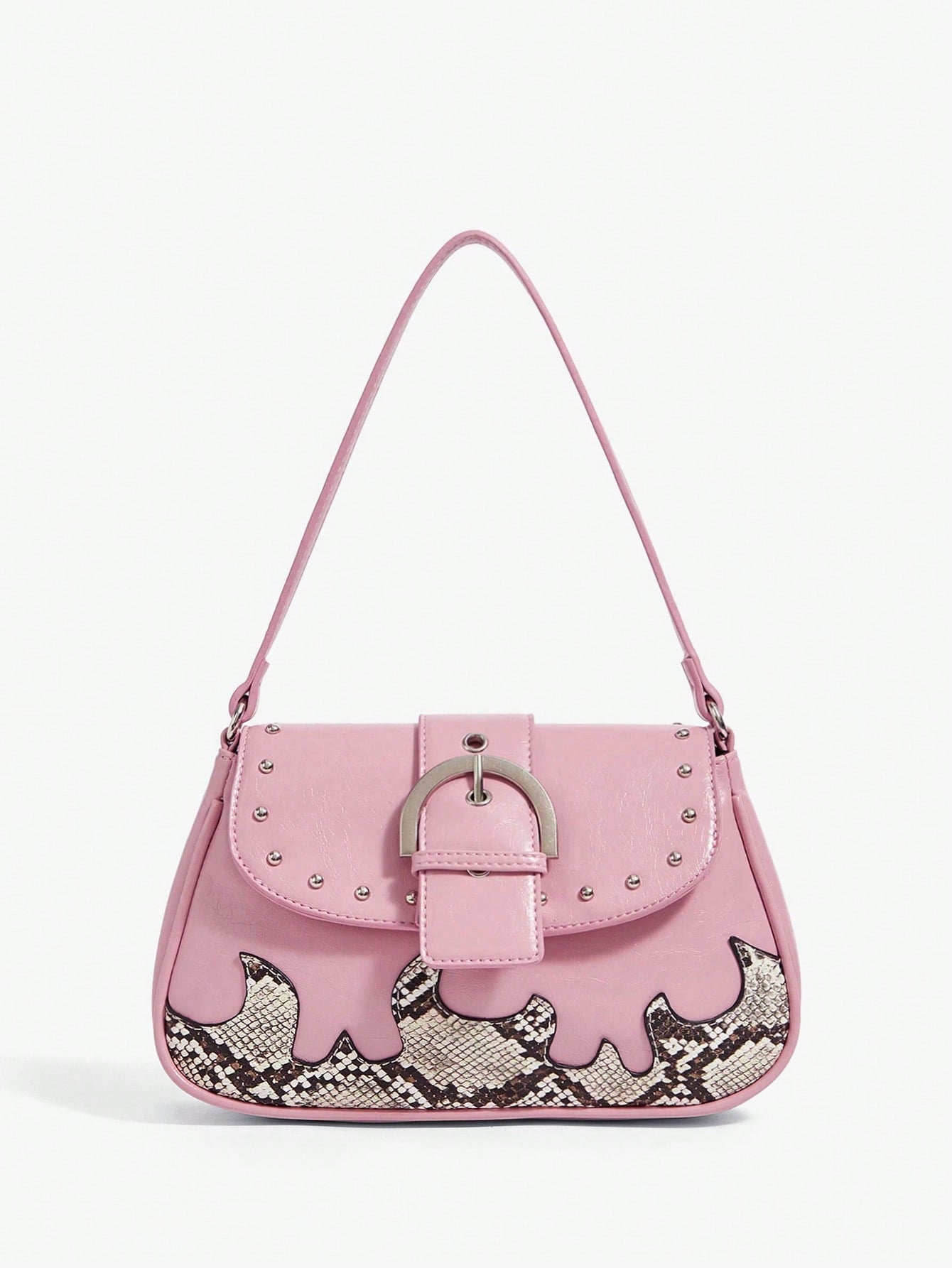 Viva Strut Bolso de hombro casual de mujer con estampado de serpiente, unicolor, parches y decoración de metal
