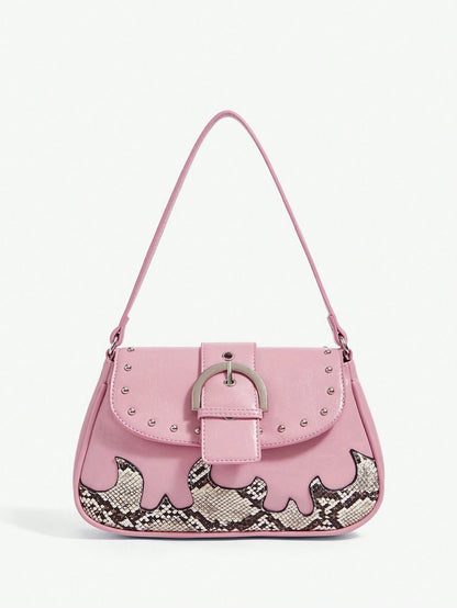 Viva Strut Bolso de hombro casual de mujer con estampado de serpiente, unicolor, parches y decoración de metal