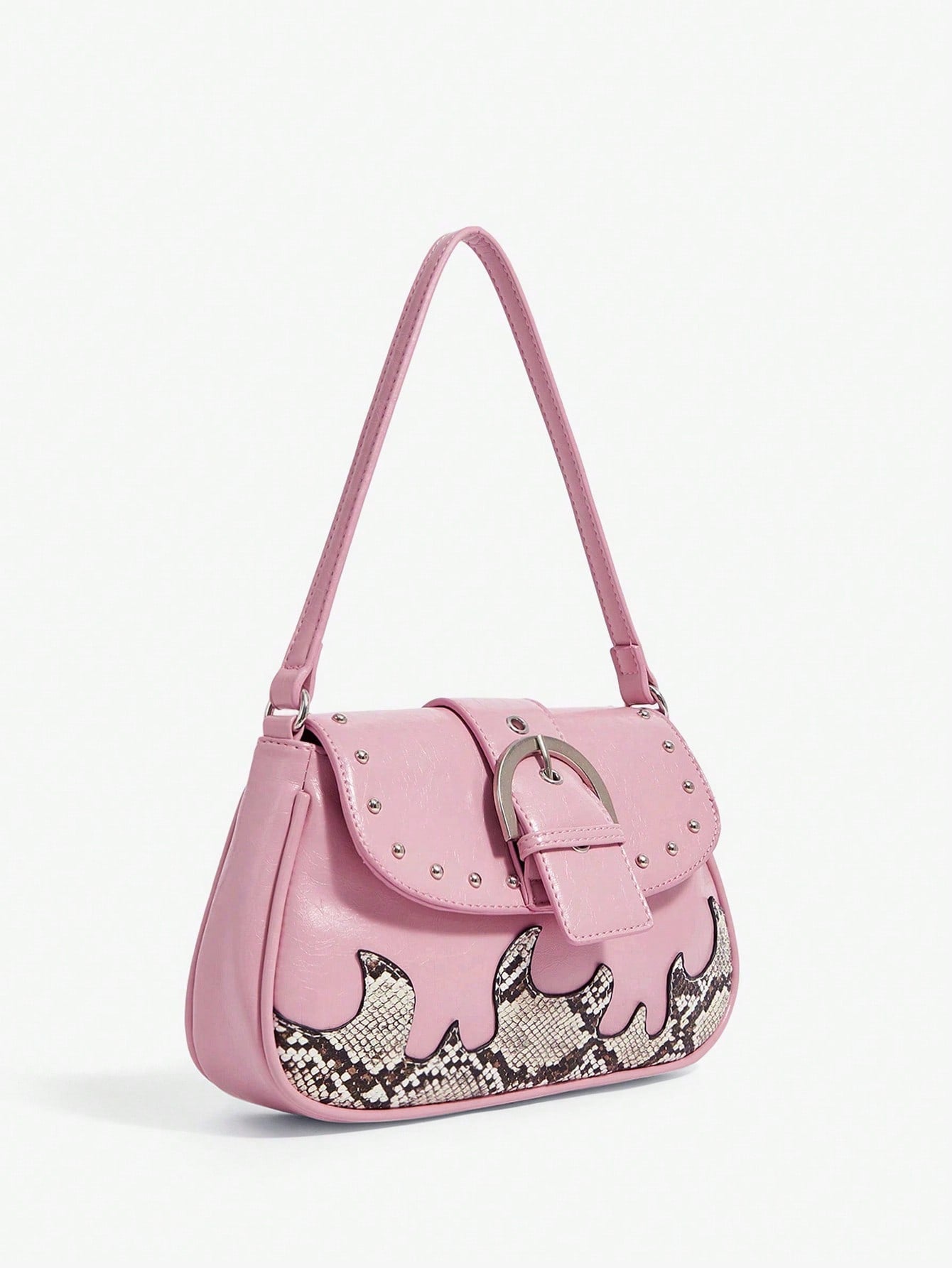 Viva Strut Bolso de hombro casual de mujer con estampado de serpiente, unicolor, parches y decoración de metal