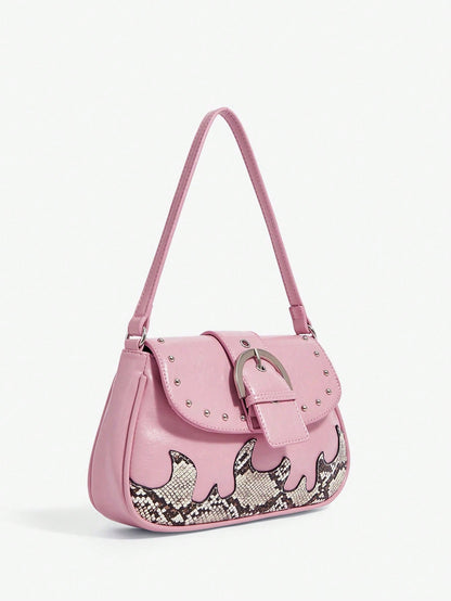Viva Strut Bolso de hombro casual de mujer con estampado de serpiente, unicolor, parches y decoración de metal