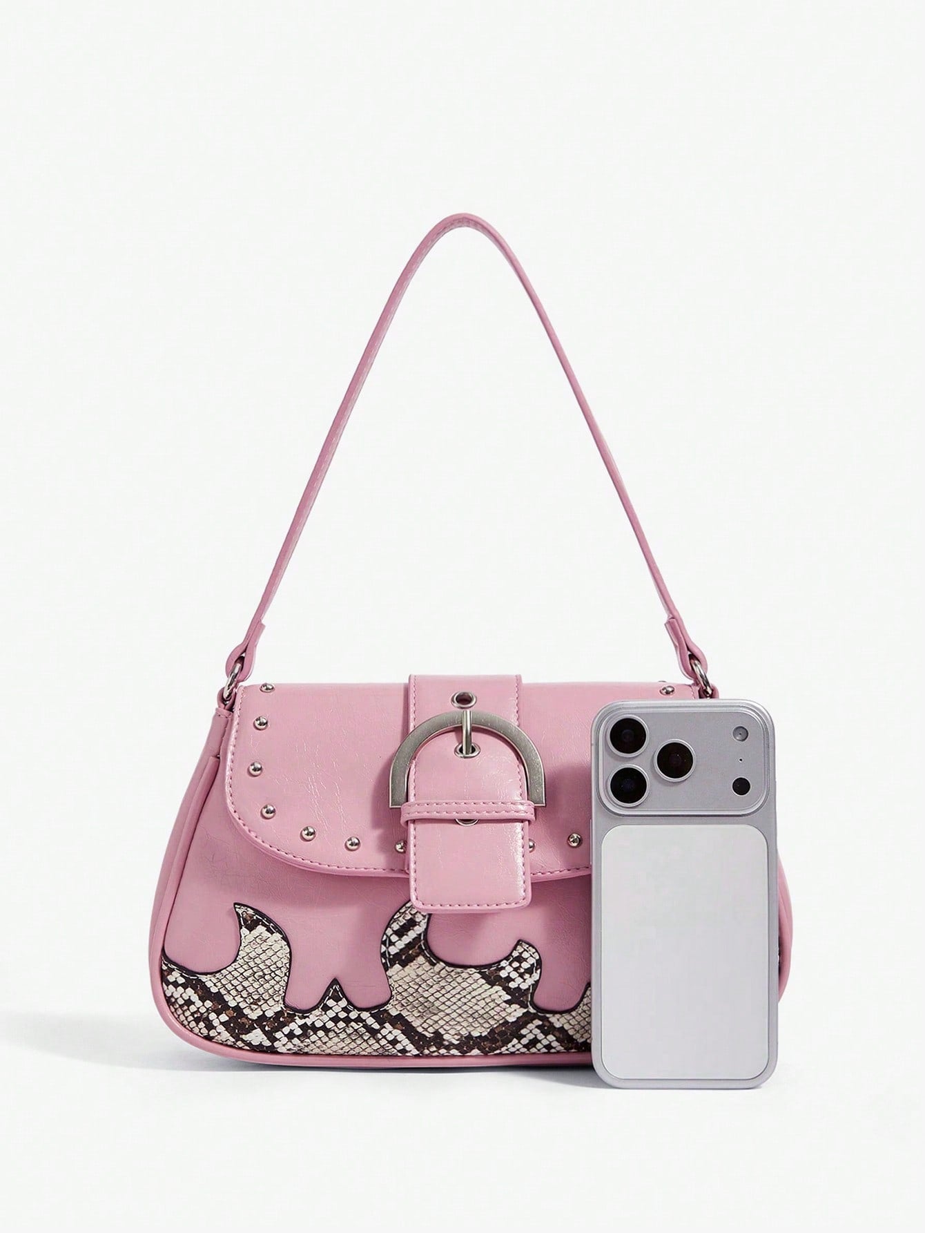Viva Strut Bolso de hombro casual de mujer con estampado de serpiente, unicolor, parches y decoración de metal