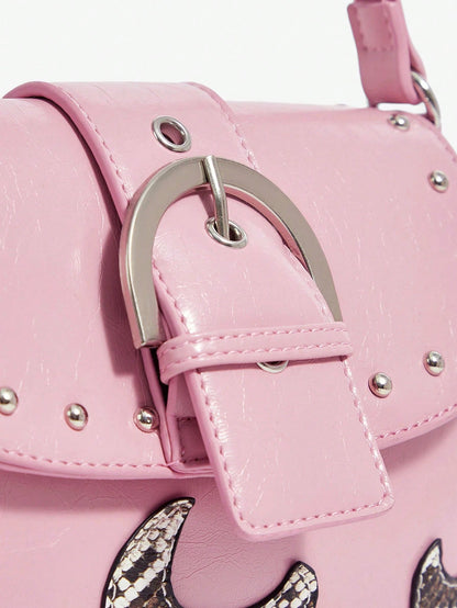 Viva Strut Bolso de hombro casual de mujer con estampado de serpiente, unicolor, parches y decoración de metal