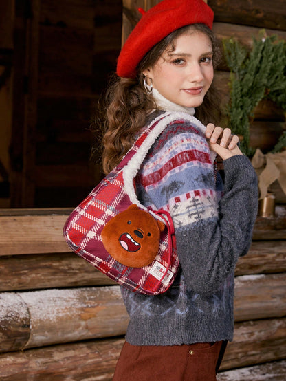 We Bare Bears X SHEIN 1 pieza Bolso de mano grande con capacidad superior, de estilo de moda, con estampado a cuadros rojos y patchwork de felpa