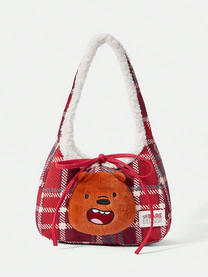We Bare Bears X SHEIN 1 pieza Bolso de mano grande con capacidad superior, de estilo de moda, con estampado a cuadros rojos y patchwork de felpa