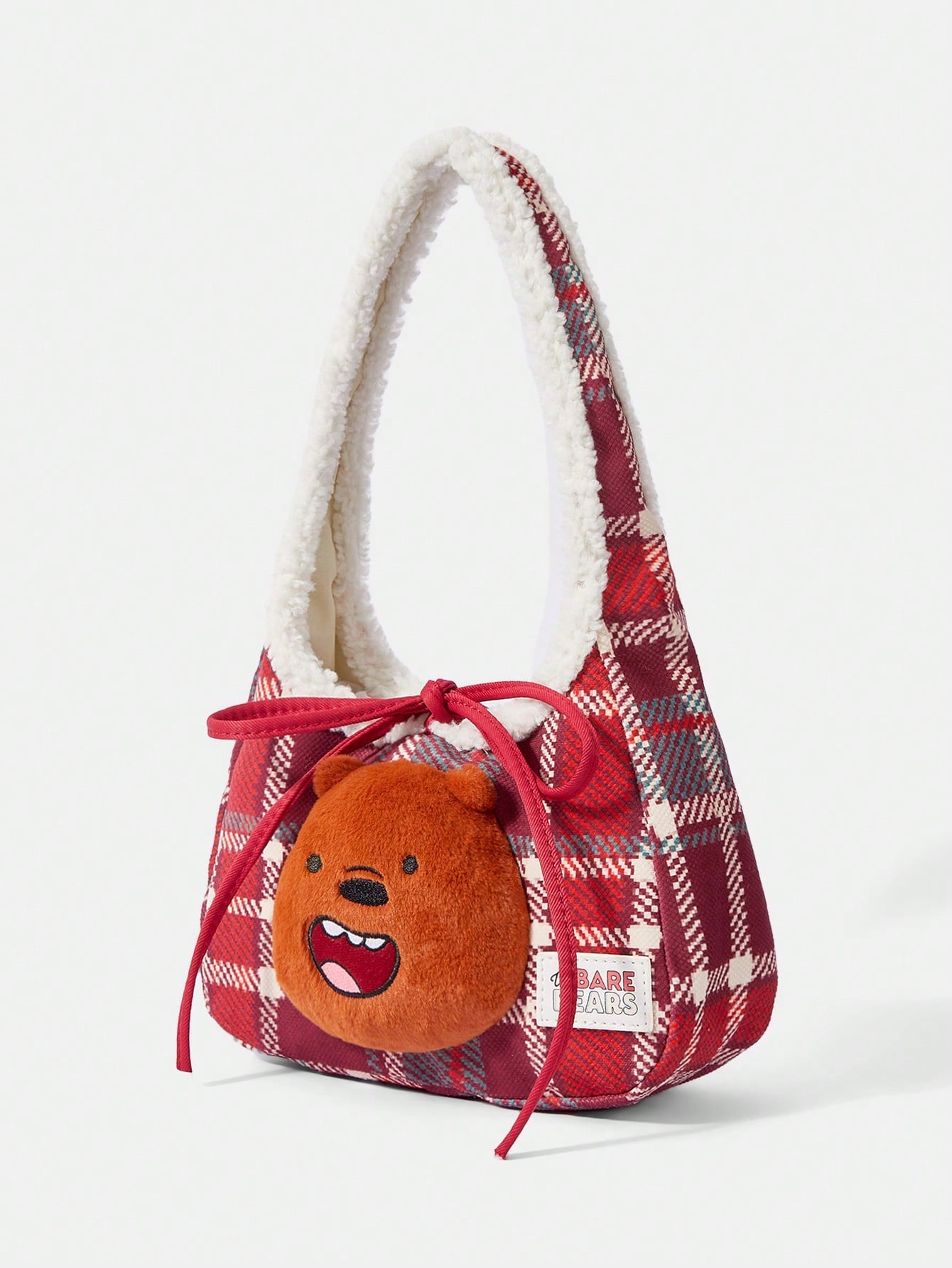 We Bare Bears X SHEIN 1 pieza Bolso de mano grande con capacidad superior, de estilo de moda, con estampado a cuadros rojos y patchwork de felpa