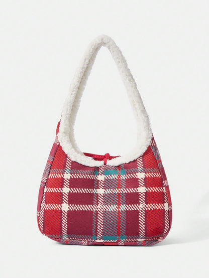 We Bare Bears X SHEIN 1 pieza Bolso de mano grande con capacidad superior, de estilo de moda, con estampado a cuadros rojos y patchwork de felpa