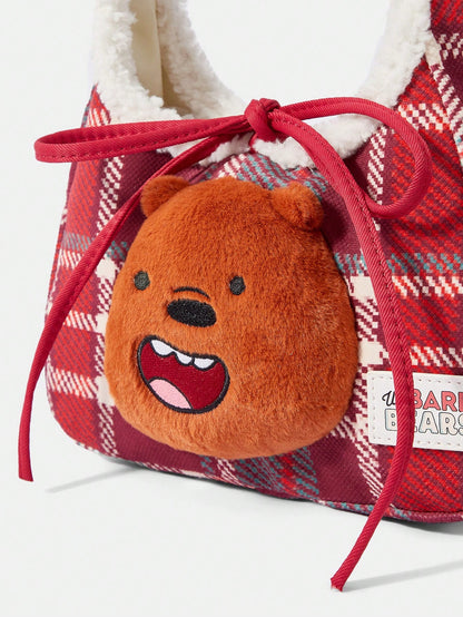 We Bare Bears X SHEIN 1 pieza Bolso de mano grande con capacidad superior, de estilo de moda, con estampado a cuadros rojos y patchwork de felpa