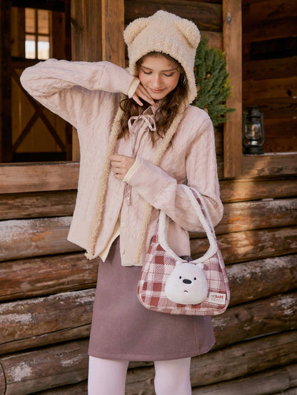 We Bare Bears X SHEIN 1 pieza Bolso de mano grande de felpa con estampado de cuadros marrones de moda y gran capacidad