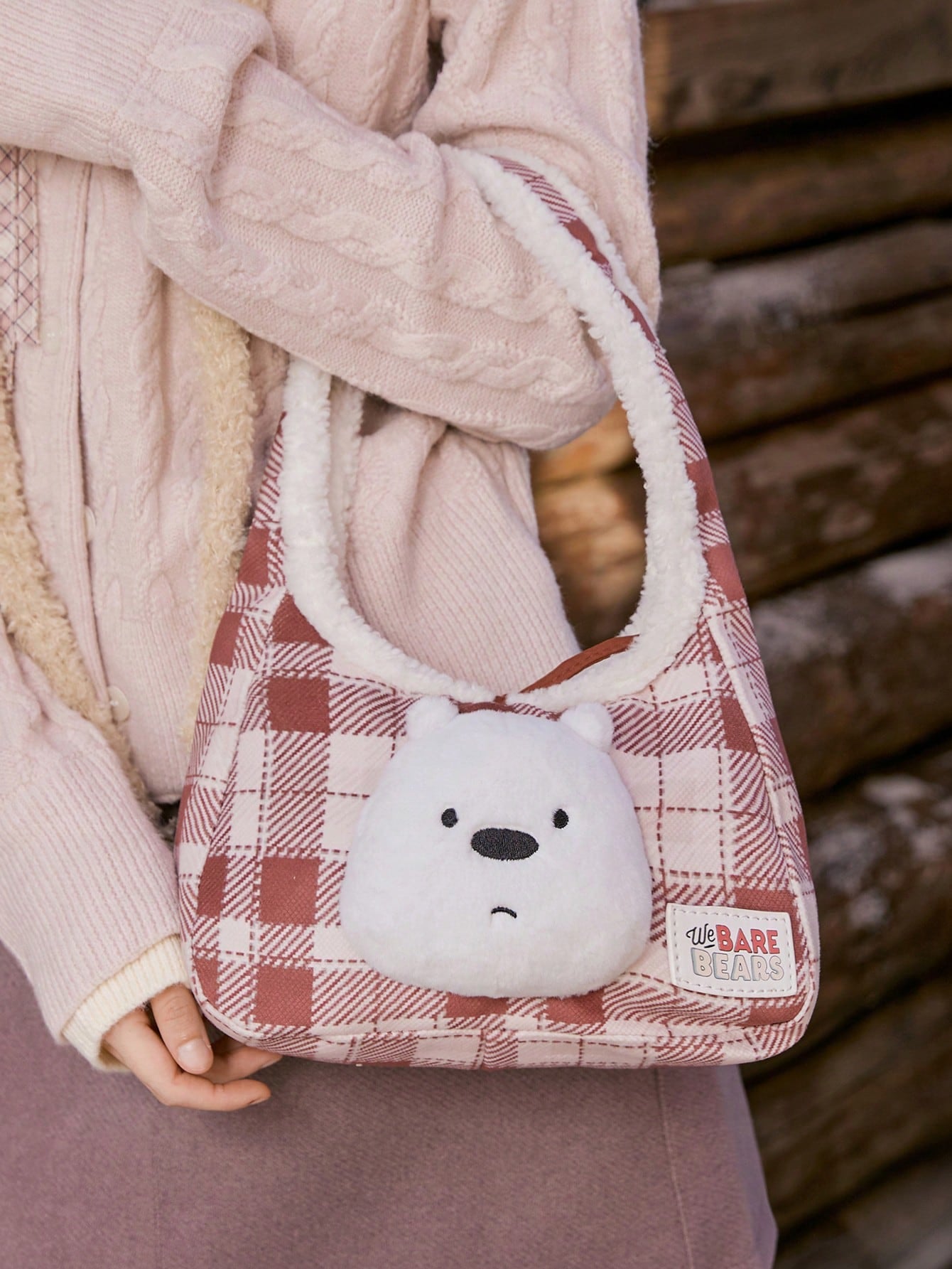 We Bare Bears X SHEIN 1 pieza Bolso de mano grande de felpa con estampado de cuadros marrones de moda y gran capacidad