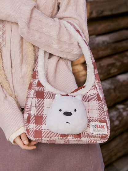 We Bare Bears X SHEIN 1 pieza Bolso de mano grande de felpa con estampado de cuadros marrones de moda y gran capacidad