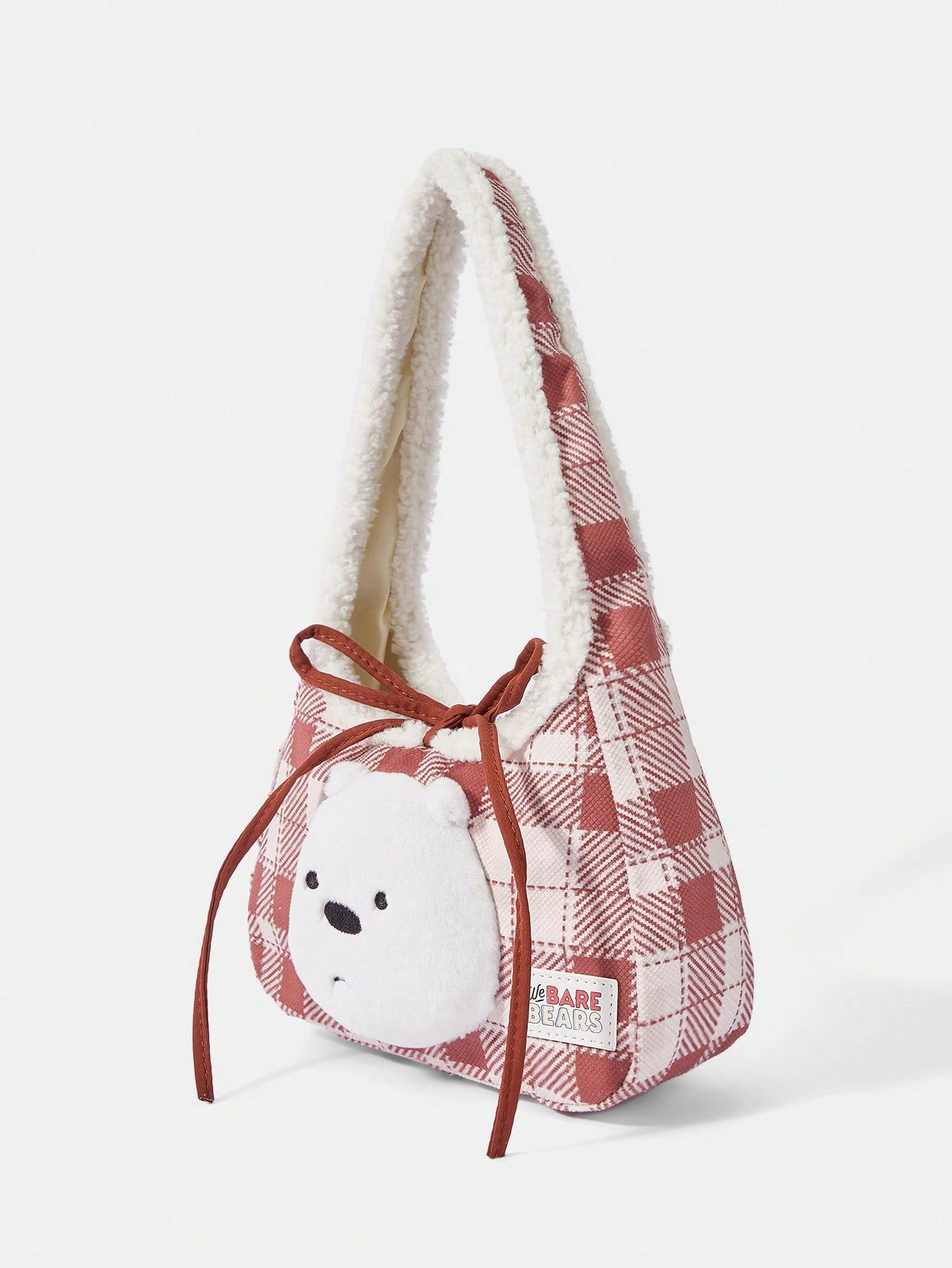 We Bare Bears X SHEIN 1 pieza Bolso de mano grande de felpa con estampado de cuadros marrones de moda y gran capacidad
