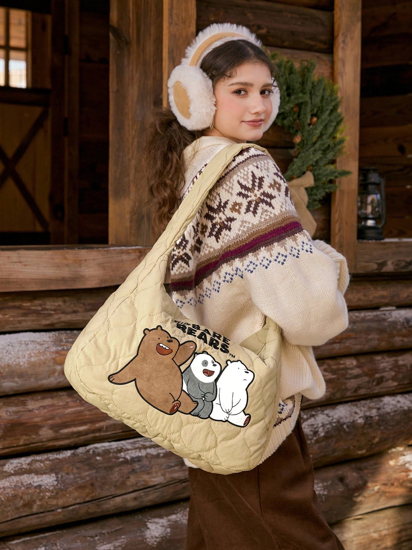 We Bare Bears X SHEIN Bolso de hombro para damas y mujeres, de estilo de dibujos animados, acolchado, de moda, personalizado, sencillo, versátil, de calle, dulce y fresco para chicas, chicas calientes, de gran capacidad,