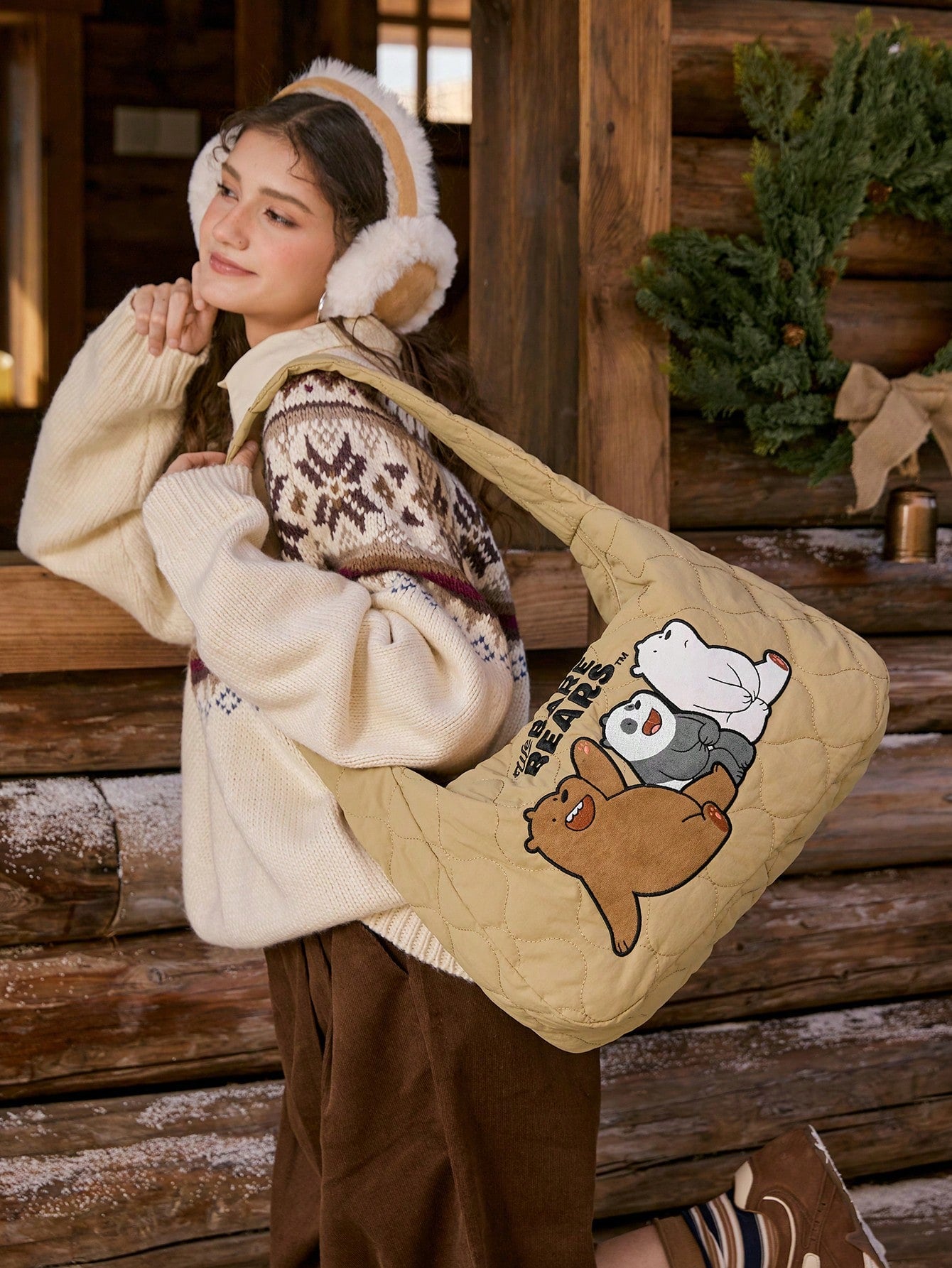 We Bare Bears X SHEIN Bolso de hombro para damas y mujeres, de estilo de dibujos animados, acolchado, de moda, personalizado, sencillo, versátil, de calle, dulce y fresco para chicas, chicas calientes, de gran capacidad,