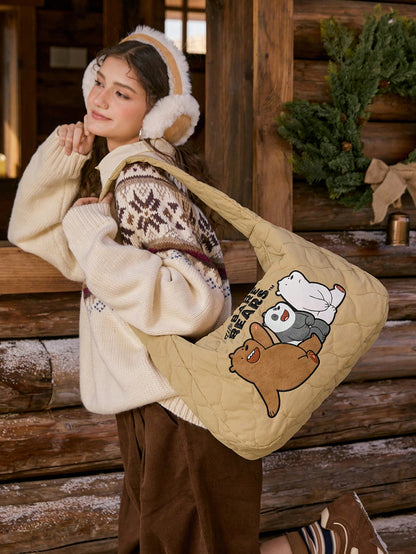 We Bare Bears X SHEIN Bolso de hombro para damas y mujeres, de estilo de dibujos animados, acolchado, de moda, personalizado, sencillo, versátil, de calle, dulce y fresco para chicas, chicas calientes, de gran capacidad,