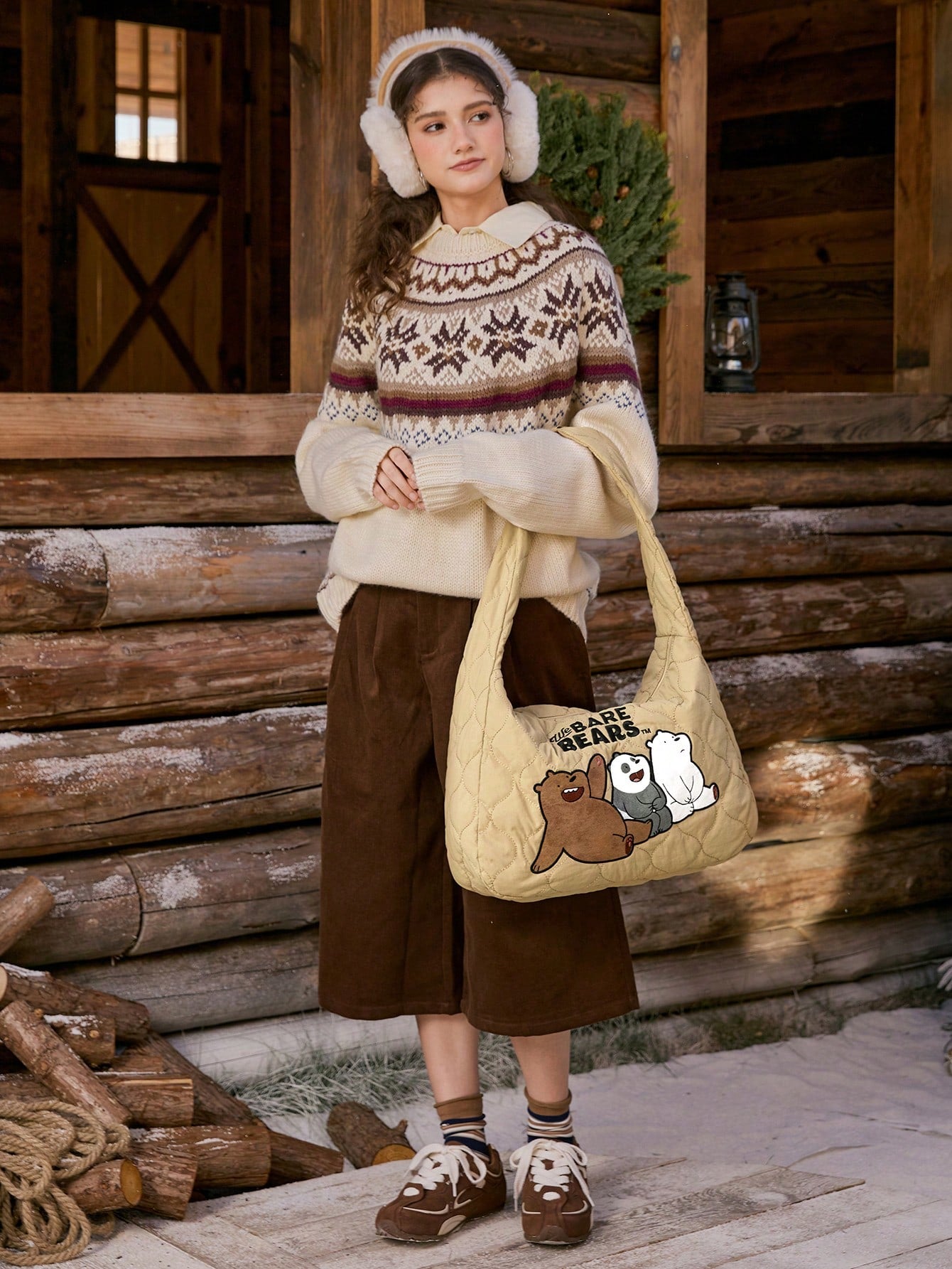 We Bare Bears X SHEIN Bolso de hombro para damas y mujeres, de estilo de dibujos animados, acolchado, de moda, personalizado, sencillo, versátil, de calle, dulce y fresco para chicas, chicas calientes, de gran capacidad,