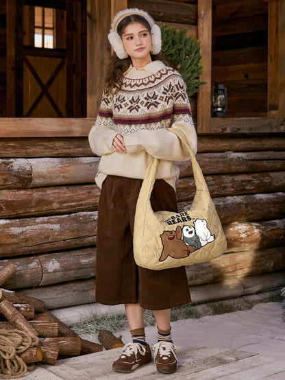 We Bare Bears X SHEIN Bolso de hombro para damas y mujeres, de estilo de dibujos animados, acolchado, de moda, personalizado, sencillo, versátil, de calle, dulce y fresco para chicas, chicas calientes, de gran capacidad,