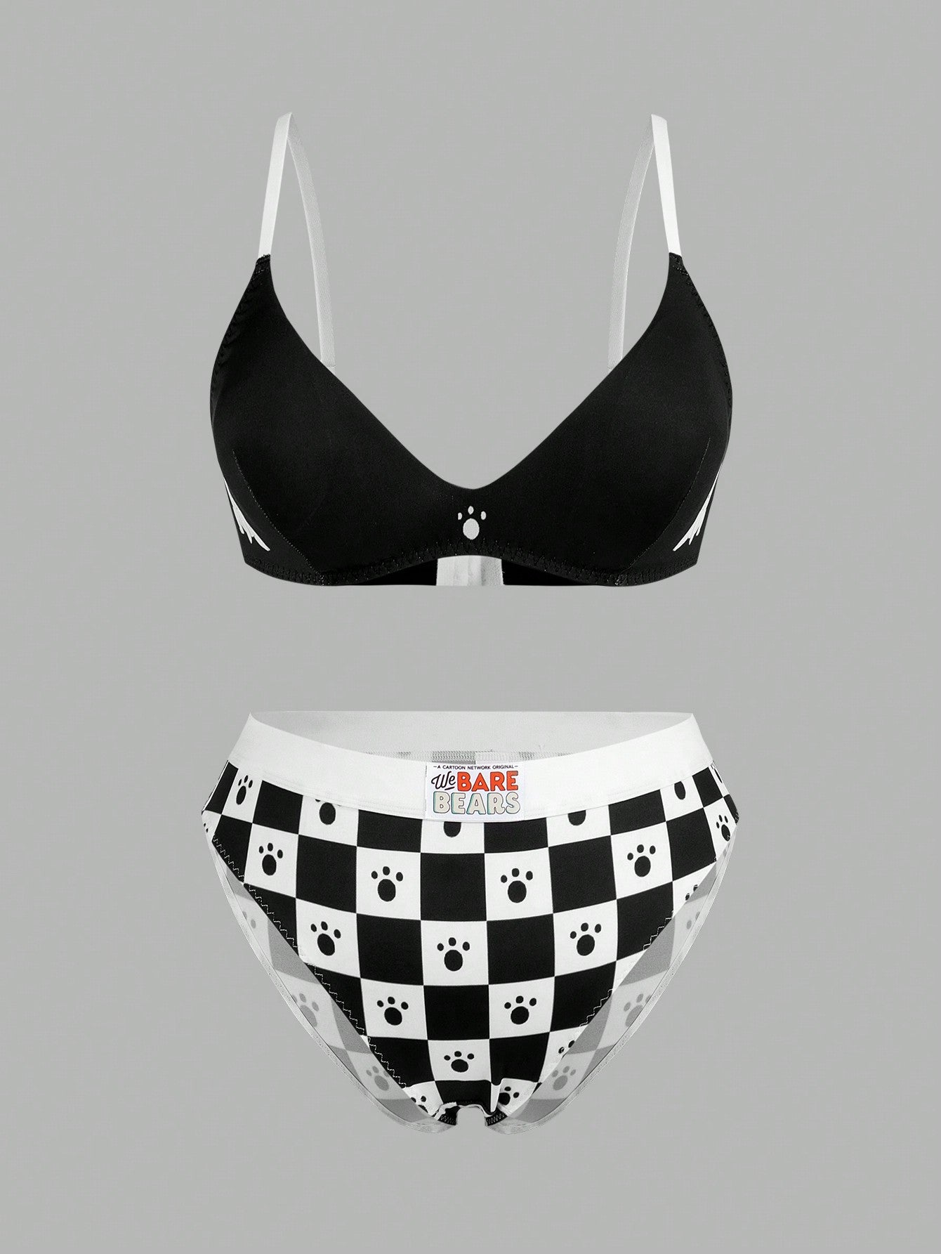 We Bare Bears X SHEIN Conjunto de sujetador inalámbrico y panty de talla grande con estampado gráfico de dibujos animados en blanco y negro a cuadros