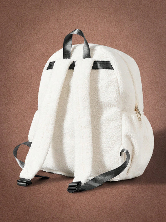 We Bare Bears X SHEIN Mochila para damas y mujeres, bolso de peluche, blanco, con patrones bordados, de moda, personalizado, sencillo, versátil, de calle, dulce y fresco para chicas, chicas calientes, lindo