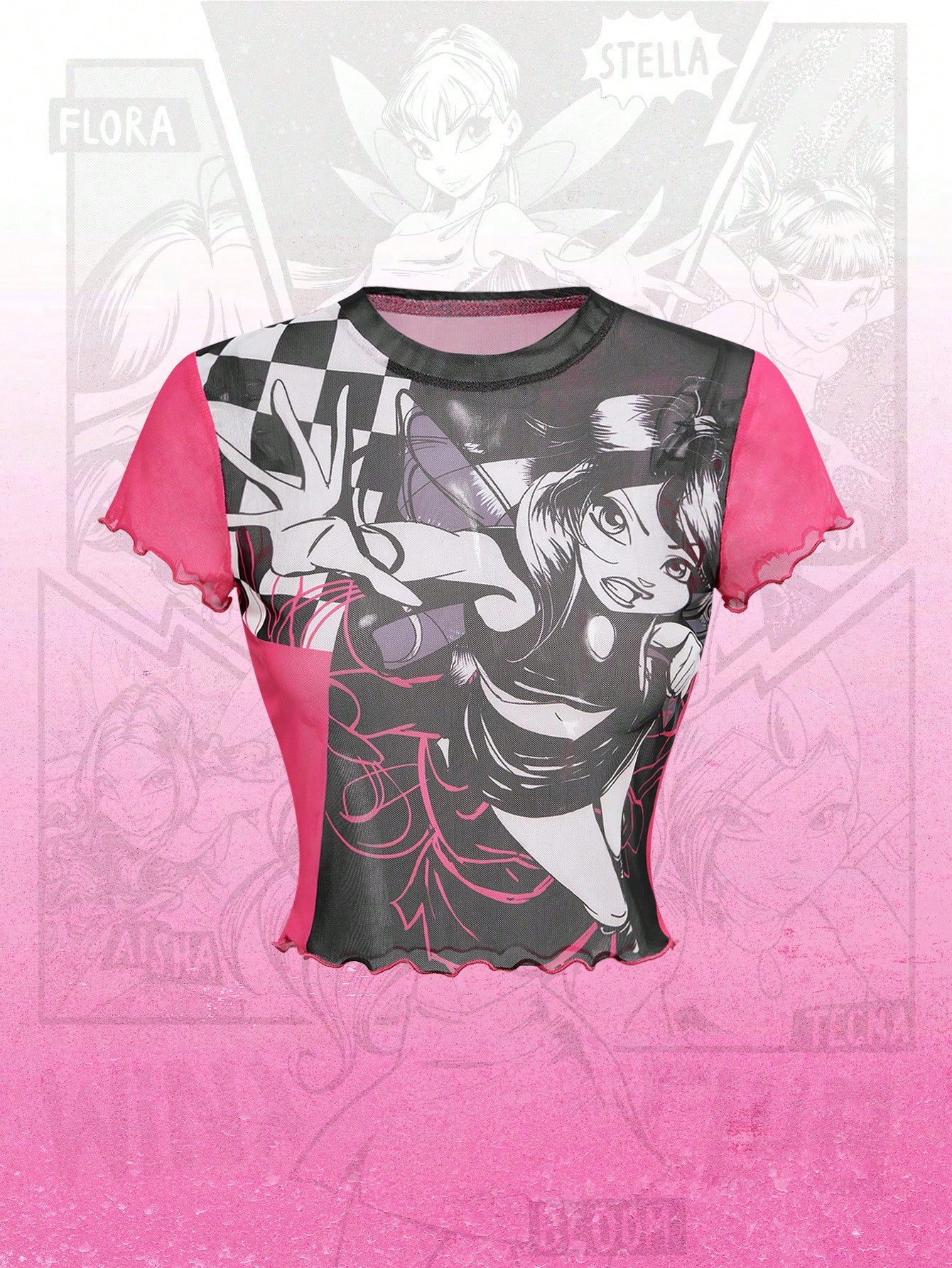 Winx Club X ROMWE Blusa de mujer con gráfico de figura y cuello redondo, de manga corta, para verano