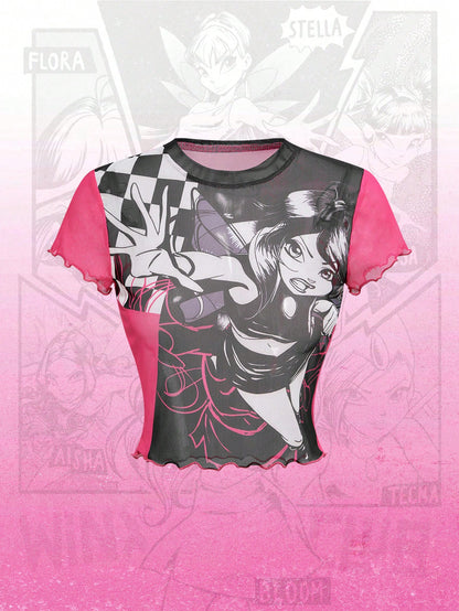 Winx Club X ROMWE Blusa de mujer con gráfico de figura y cuello redondo, de manga corta, para verano