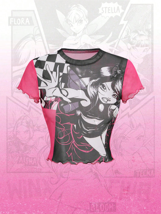 Winx Club X ROMWE Blusa de mujer con gráfico de figura y cuello redondo, de manga corta, para verano