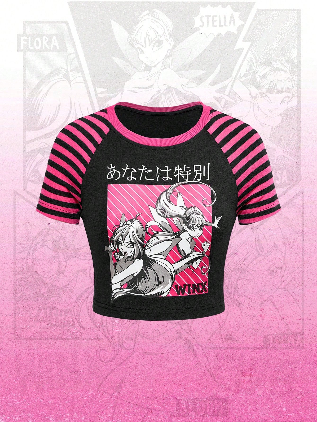 Winx Club X ROMWE Camiseta ajustada con mangas raglán a rayas, estampado de dibujos animados para mujer