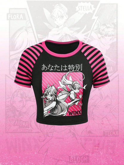 Winx Club X ROMWE Camiseta ajustada con mangas raglán a rayas, estampado de dibujos animados para mujer